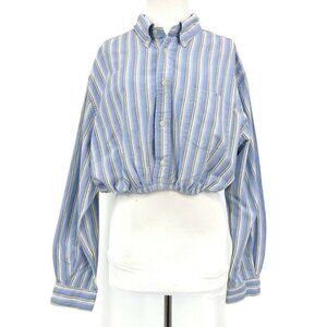 New Furst of A Kind Blouse Womens One Size Cropped Blue Striped Top Long Sleeve